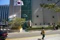 The national flag of the Republic of Korea. Office high-rise buildings Royalty Free Stock Photo