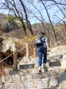 A woman climbs a stone staircase. Royalty Free Stock Photo