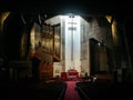 Seoul, South Korea - The altar with huge cross and pipe organ inside Kyungdong Presbyterian Church.