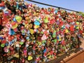 Seoul, South Korea - April 29, 2017: Many heart-shaped locks form a colorful pattern.