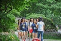 SEOUL, SOUTH KOREA - AUGUST 2012 - Group of female korean students walking in gardens of Ewha Womans University