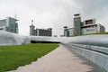 Seoul,South Korea-August 2020: Wide field at Dongdaemun Design Plaza with skyscraper city view