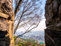 Seoul South Korea, cityscape background between rocks with a tree blue sky. Royalty Free Stock Photo