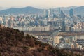 SEOUL, SOUTH KOREA - JAN 22, 2018: Aerial shot of Seoul skyline from Namsan Park with highway and river polluted air