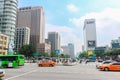 Seoul, South Korea - July 25, 2021: Cityscape of the Korean capital city. Street view of the asian metropolis. City view or street