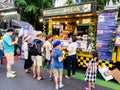 Seoul, South Korea - June 3, 2017: People queuing up at the fast food kiosk at the street near Cheonggyecheon stream in Seoul.