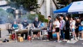 Seoul, South Korea - June 3, 2017: People queuing up at the fast food kiosk at the street near Cheonggyecheon stream in Seoul.