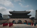 SEOUL, SOUTH KOREA - March 25, 2023 : The changing of the guard demonstration at Gyeongbokgung Palace on March 25, 2023 Royalty Free Stock Photo