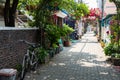 Seoul,South Korea-May 2020: Bicycle parking at the alley way with rose tunnel at the background