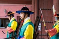 Seoul,South Korea-November 2019: Korean guard standing in front of Deoksugung Palace Gate Entrace with arrow, Seoul Royalty Free Stock Photo