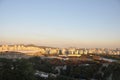 SEOUL, SOUTH KOREA - OCTOBER 24, 2022: Colourful foliage trees in Autumn with Han river, World Cup stadium, and skyscraper