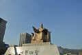 SEOUL, SOUTH KOREA - OCTOBER 23, 2022: Golden Statue of King Sejong the Great near the center of Gwanghawmun Square, in front of