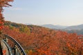 SEOUL, SOUTH KOREA - OCTOBER 27, 2022: Hwadam Forest Botanic Garden small shuttle train car metal railway to Red Orange maple