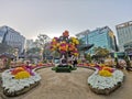 SEOUL, SOUTH KOREA - OCTOBER 25, 2022: Jogyesa Korean Buddhism old ancient temple with the Buddha statue and flower decoration in