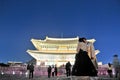 SEOUL, SOUTH KOREA - OCTOBER 23, 2022: Light up of Gyeongbokgung Palace main hall at night. There are many tourists wear