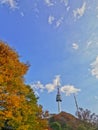 SEOUL, SOUTH KOREA - OCTOBER 23, 2022: N Seoul Tourist Sigthseeing tall tower above Namsan mountain hill and blue sky with Autumn Royalty Free Stock Photo