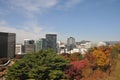 SEOUL, SOUTH KOREA - OCTOBER 26, 2022: Offices and hotel buildings scene from Baekbeom Plaza in Namsan Mountain Park with Royalty Free Stock Photo