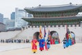 SEOUL, SOUTH KOREA - October 26, 2015 : The soldier march changing of the guard demonstration at Gyeongbokgung Palace on October