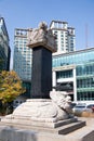 Seoul, South Korea - October 20, 2019 : Stone staue in turtle with dragon head that have column of dragon on the back, located at