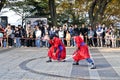 SEOUL, SOUTH KOREA - OCTOBER 23, 2022 Traditional Korean Kingdom Soldier Warriors fighting performance among group of tourists in