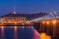 Seoul Subway and Bridge at Hanriver in Seoul, South korea.