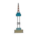 Seoul tower doodle icon, vector color illustration
