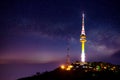 Seoul tower with Milky way at night.Namsan Mountain.