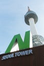 Seoul Tower with sign at Namsan mountain, Seoul, South Korea