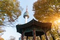 Seoul Tower with yellow and red autumn maple leaves at Namsan mo Royalty Free Stock Photo