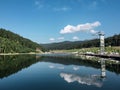 Sep 11 2019/ Bukovel resort, Carpathian mountains, Ukraine.Voda club. Mountain lake view. Natural travel picture. Blue sky with Royalty Free Stock Photo