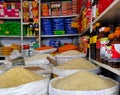 Grocery items are displayed in self for sale in a local market of Dhaka, Bangladesh