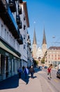 Old vintage bell tower steeples of Hofkirche St. Leodegar Lucerne, Swizerland