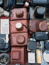 Sep 12 2019/ Lviv, Ukraine. Retro old vintage photo cameras in leather brown and black cases on flee market Royalty Free Stock Photo