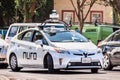 Sep 17, 2019 Mountain View / CA / USA - Nuro autonomous vehicle driving on a street in Silicon Valley; Nuro is a robotics company