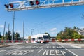 Sep 10, 2019 Mountain View / CA / USA - Waiting at a barrier for a VTA Train to pass in south San Francisco bay; VTA Light Rail is