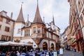 Outdoor dinning at Market place des Halles in Medieval town Neuchatel, Switzerland