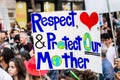 Sep 20, 2019 San Francisco / CA / USA - Respect & protect our mother placard raised at the Global Youth Climate Strike Rally and