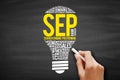 SEP search engine positioning bulb word cloud collage, business concept on blackboard Royalty Free Stock Photo