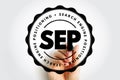SEP Search Engine Positioning displayed inside a circular badge with a hand holding a marker behind the bold central text, Royalty Free Stock Photo