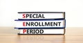 SEP, special enrollment period symbol. Books with words `SEP, special enrollment period`. Beautiful white background, copy space