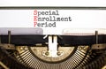 SEP symbol. Concept words SEP Special enrollment period typed on beautiful retro old typewriter. Beautiful white background. Royalty Free Stock Photo