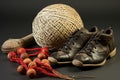 sepak takraw equipment: shoes, knee pads, and ball