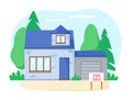 Separate brick house with garage for sale. Nice detached house with greenery im suburb. Flat design vector illustration Royalty Free Stock Photo