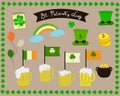 Separate elements for the feast of St. Patrick`s Day, a green top hat, a set of beer mugs, a rainbow with the colors of the Irish Royalty Free Stock Photo