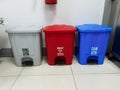 Separate garbage collection in hospital. Waste recycling concept. Containers for glass, domestic, Biohazardous waste for