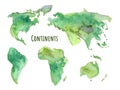 Separate green continents hand drawn watercolor set Royalty Free Stock Photo
