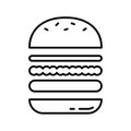 Separate layered hamburger. Linear logo of sandwich with layers of bun and stuffing. Black white illustration of meat or vegan