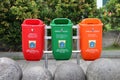 The separate trash the red color is battery and Poison waste, green color is remaining vegetables fruit paper or wood and orange