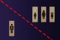 Separated by a red line symbols of a man and a woman with children, the concept of breaking up, divorce, separation, family