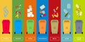 Separating trash. Different dustbins with various kinds of sorted garbage on color background, creative illustration